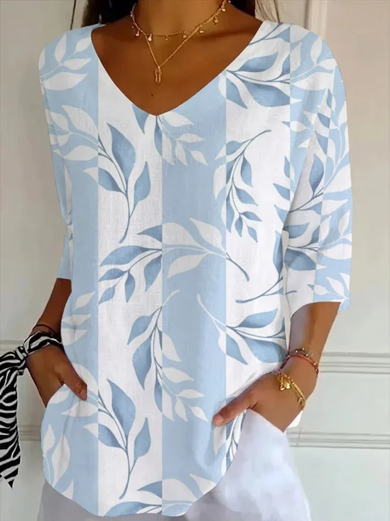 Lässig Geblümt V-Ausschnitt Dreiviertelärmel T-Shirt