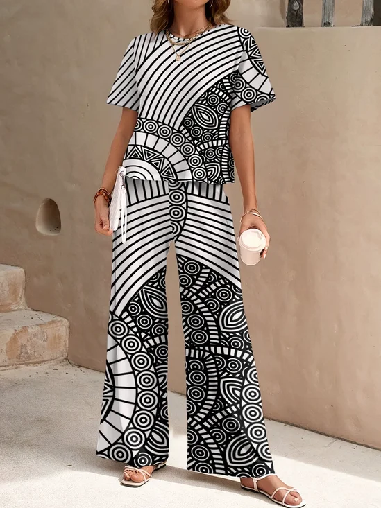 Damen Abstrakt Zweiteiliges Set Täglich Kurzarm Lässig Sommer Bluse mit Hose Matching Set