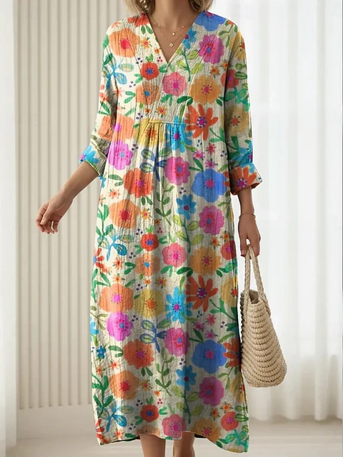 Damen Geblümt Frühling/Herbst Kleid V-Ausschnitt Langarm H-Linie Kleid