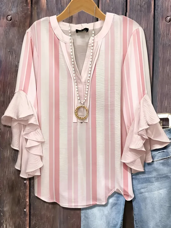 V-Ausschnitt Halbarm Gestreift Print Regelmäßig Weit Bluse für Damen