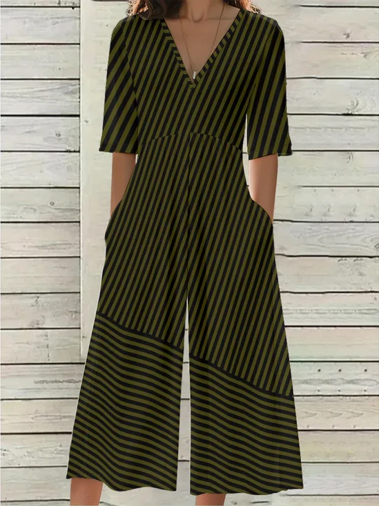 Damen Gestreift V-Ausschnitt Halbarm Lässig Sommer Jumpsuit