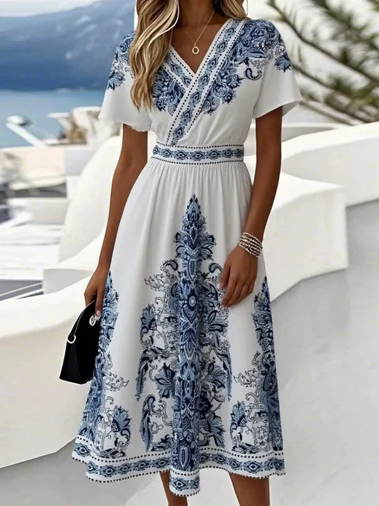Damen Geblümt Sommer Kleid V-Ausschnitt Kurzarm Passen & Flare Kleid A-Linien-Kleid