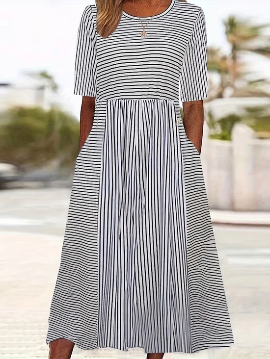Damen Gestreift Sommer Print Kleid Rundhals Kurzarm Etuikleid H-Linie Kleid