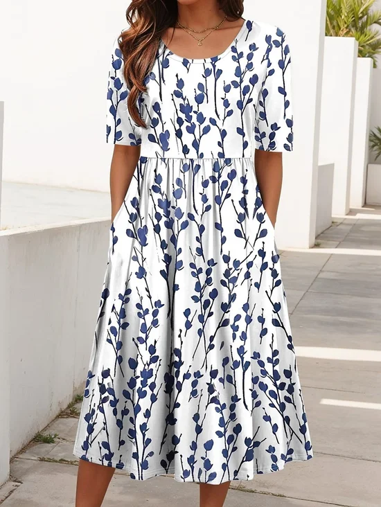 Damen Geblümt Sommer Print Kleid Rundhals Kurzarm Etuikleid H-Linie Kleid