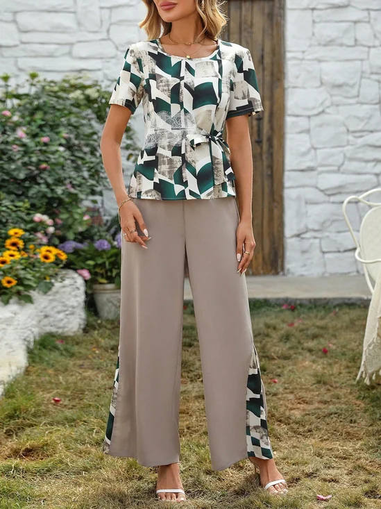 Damen Abstrakt Grafik Zweiteiliges Set Täglich Kurzarm Lässig Sommer Bluse mit Hose Matching Set