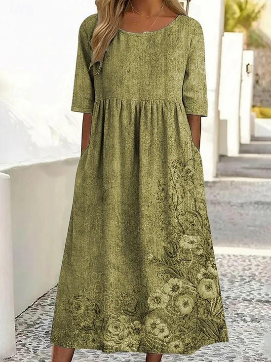 Damen Geblümt Sommer Kleid Rundhals Halbarm A-Linien-Kleid