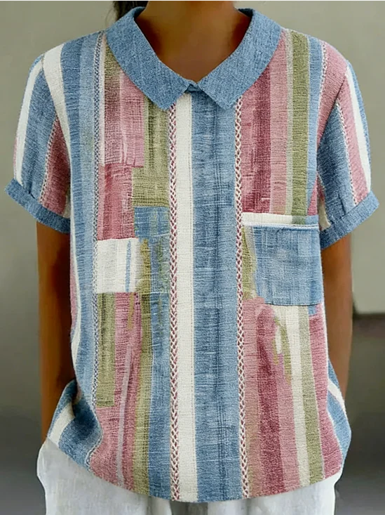 Schalkragen Kurzarm Gestreift Regelmäßig Weit Bluse für Damen