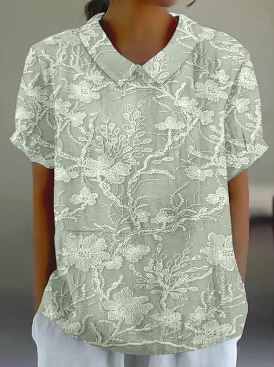 Schalkragen Kurzarm Geblümt Regelmäßig Weit Bluse für Damen