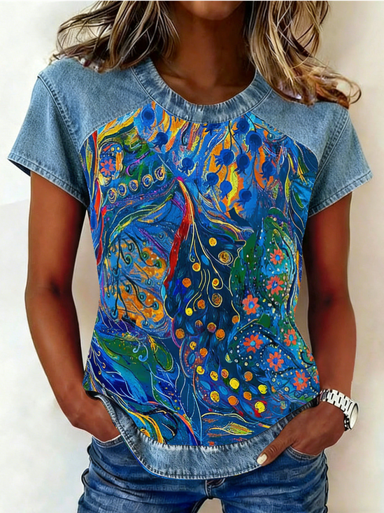 Retro Pop-Art-Druck Rundhals Kurzarm T-Shirt