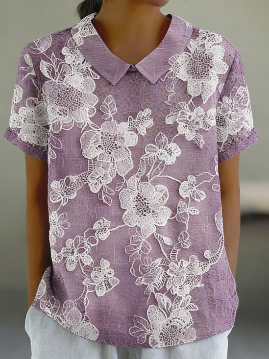 Schalkragen Kurzarm Geblümt Regelmäßig Weit Bluse für Damen