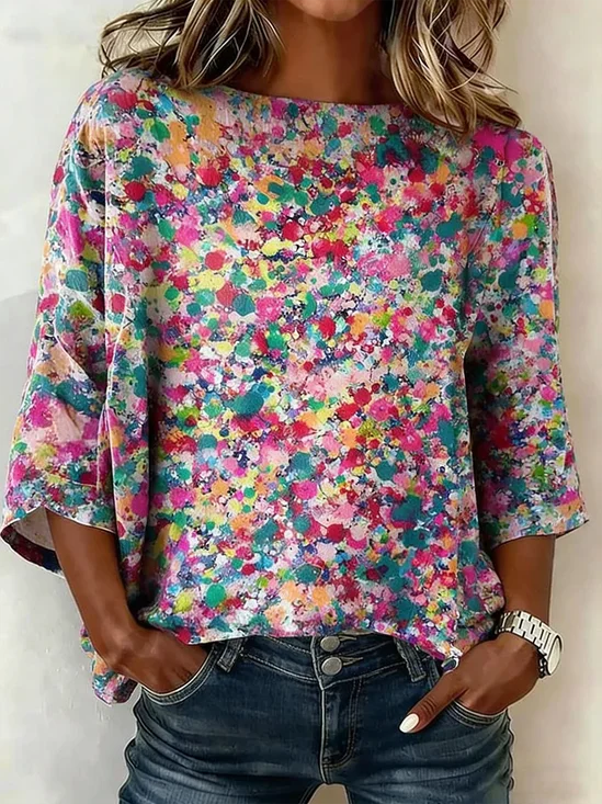 Rundhals Halbarm Abstrakte Tupfen Leicht Weit Bluse für Damen