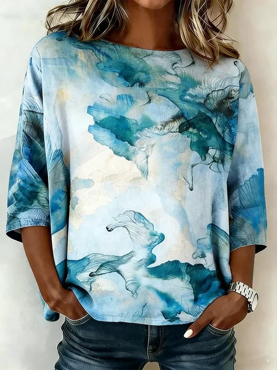 Rundhals Halbarm Verlaufsmuster Leicht Weit Bluse für Damen