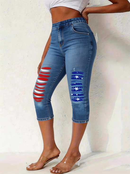 Damen Tag der Unabhängigkeit (Flagge) Caprihosen Elastische Taille Hose Lässig Sommer Hose