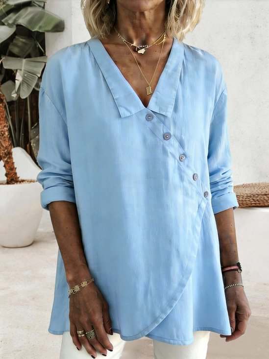 V-Ausschnitt Langarm Unifarben Regelmäßig Weit Bluse für Damen
