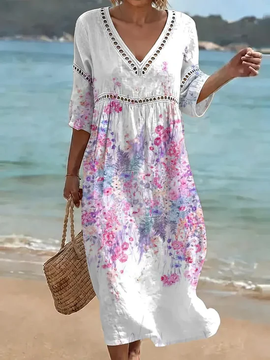 Damen Geblümt Sommer Kleid V-Ausschnitt Kurzarm Passen & Flare Kleid A-Linien-Kleid