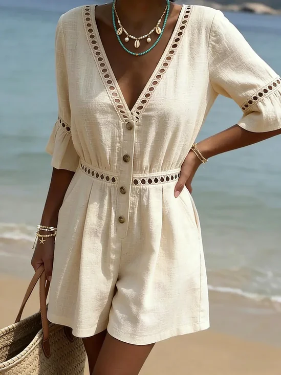 Damen Unifarben V-Ausschnitt Kurzarm Lässig Sommer Baumwolle Leinen Jumpsuit