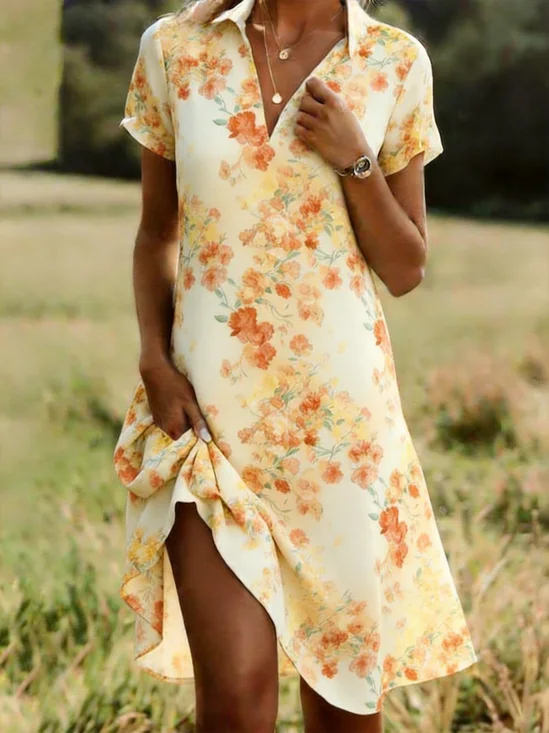 Damen Geblümt Alle Jahreszeiten Kleid Hemdkragen Kurzarm Blusenkleid A-Linien-Kleid