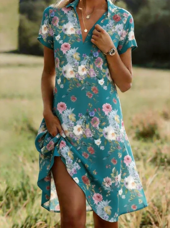 Damen Geblümt Alle Jahreszeiten Kleid Hemdkragen Kurzarm Blusenkleid A-Linien-Kleid