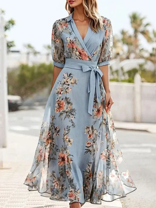 Damen Geblümt Sommer Kleid V-Ausschnitt Kurzarm Passen & Flare Kleid A-Linien-Kleid