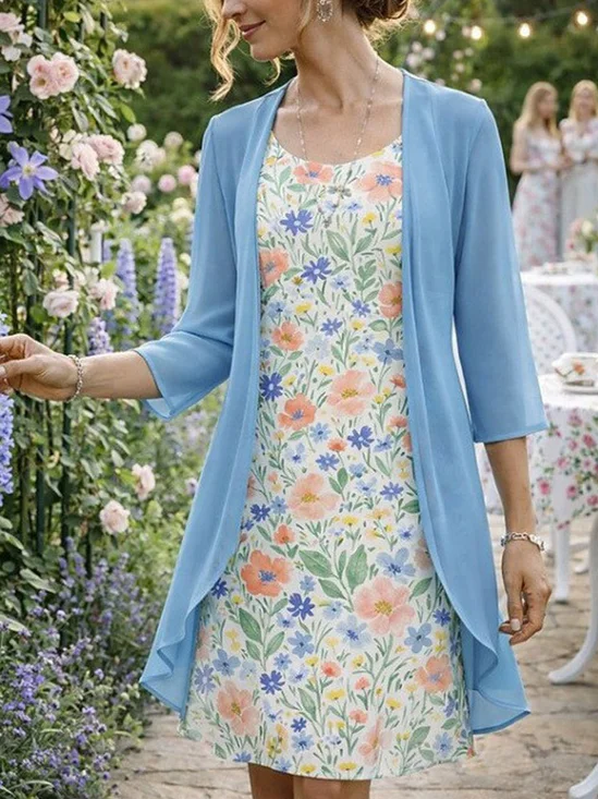 Damen Geblümt Zweiteiliges Set Täglich Dreiviertelärmel Lässig Frühling/Herbst Bluse mit Rock Matching Set