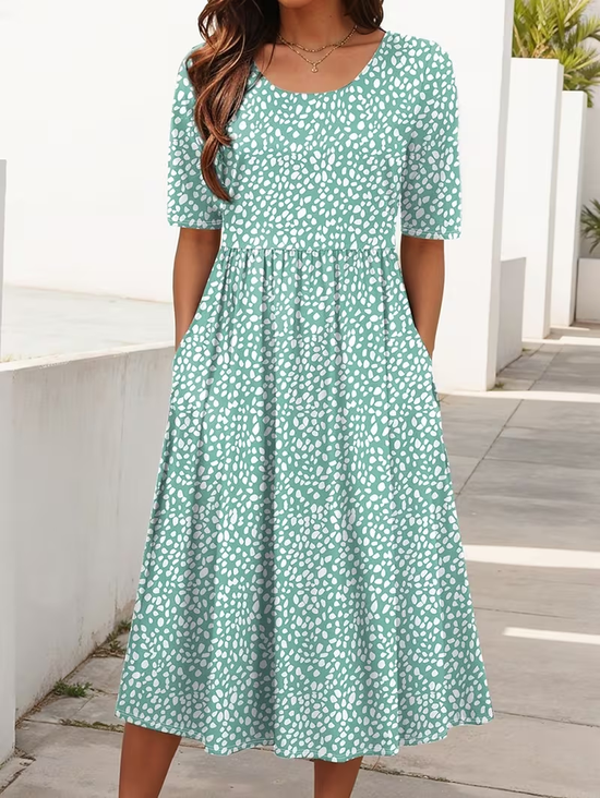 Damen Abstrakte Tupfen Sommer Print Kleid Rundhals Kurzarm Etuikleid H-Linie Kleid
