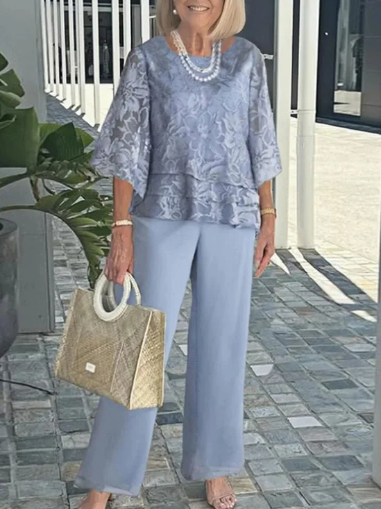 Damen Geblümt Zweiteiliges Set Täglich Dreiviertelärmel Lässig Frühling/Herbst Bluse mit Hose Matching Set