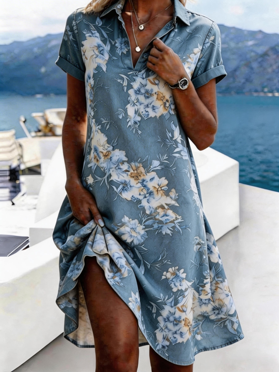 Damen Geblümt Alle Jahreszeiten Kleid Hemdkragen Kurzarm Blusenkleid A-Linien-Kleid