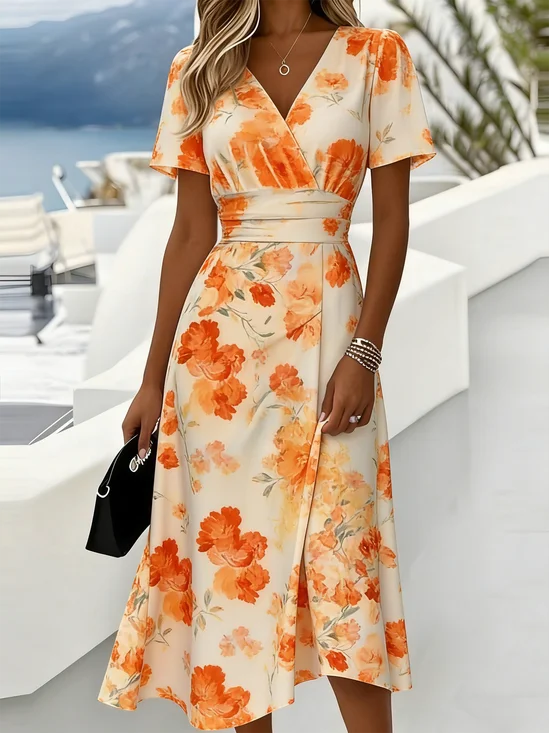 Damen Geblümt Sommer Kleid V-Ausschnitt Kurzarm Strandkleid A-Linien-Kleid