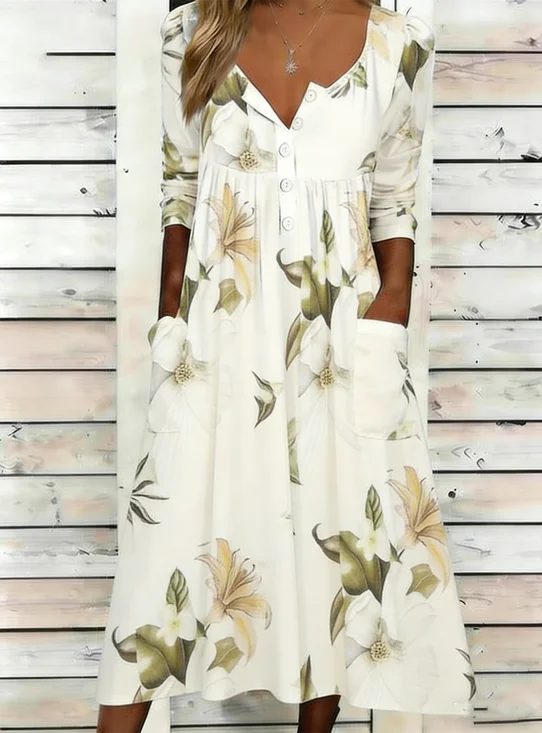 Damen Geblümt Sommer Kleid Halb offener Kragen Halbarm A-Linien-Kleid