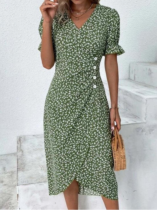 Damen Blumenmuster Puffärmel Sommer Kleid Kurzarm H-Linie Kleid