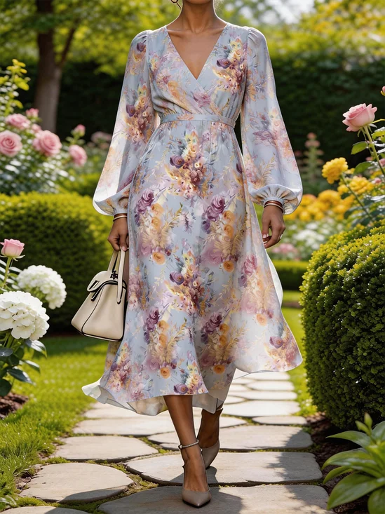 Damen Geblümt Ballon-Ärmel Sommer Kleid V-Ausschnitt Langarm A-Linien-Kleid