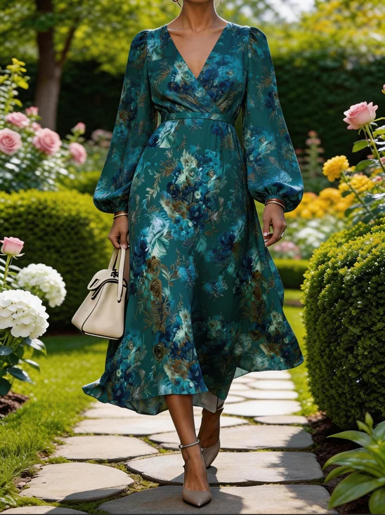 Damen Geblümt Sommer Kleid V-Ausschnitt Kurzarm Strandkleid A-Linien-Kleid