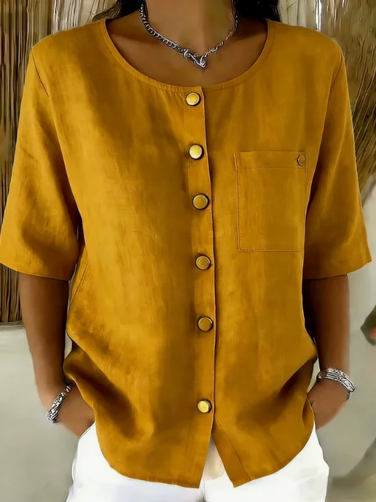 Rundhals Kurzarm Unifarben Regelmäßig Weit Bluse für Damen