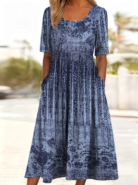 Damen Abstrakt Sommer Print Kleid Rundhals Kurzarm Etuikleid H-Linie Kleid