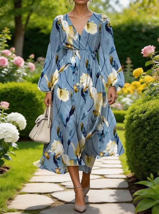 Damen Geblümt Ballon-Ärmel Sommer Kleid V-Ausschnitt Langarm A-Linien-Kleid