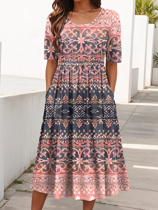 Damen Ethnisch Sommer Print Kleid Rundhals Kurzarm Etuikleid H-Linie Kleid