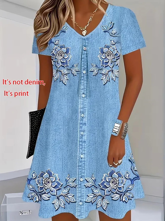 Damen Geblümt Sommer Print Kleid V-Ausschnitt Kurzarm T-Shirt-Kleid H-Linie Kleid