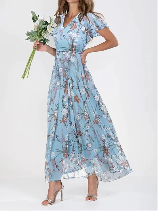 Damen Geblümt Sommer Kleid Kurzarm A-Linien-Kleid