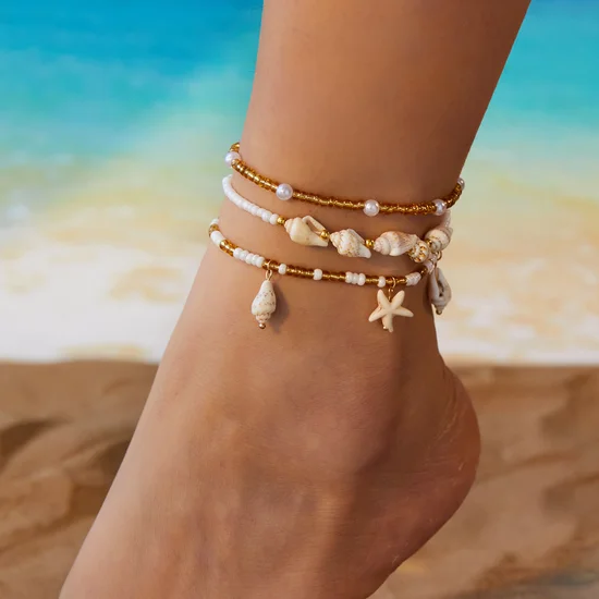 3PCS Bohemien Urlaub Stil Oberstoff Perlen Multilayer Fußkettchen Hawaii Strand Ethnisch Schmuck