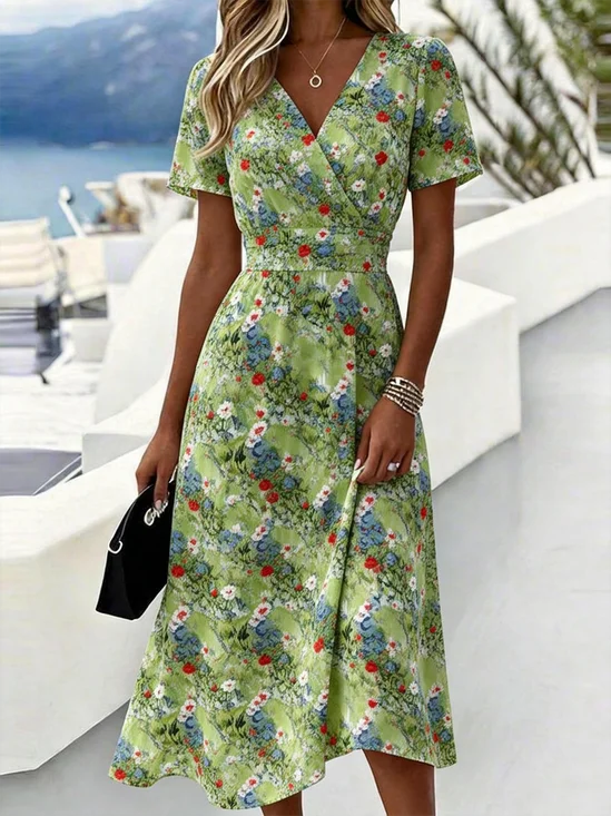 Damen Geometrisch Sommer Kleid V-Ausschnitt Kurzarm Strandkleid A-Linien-Kleid