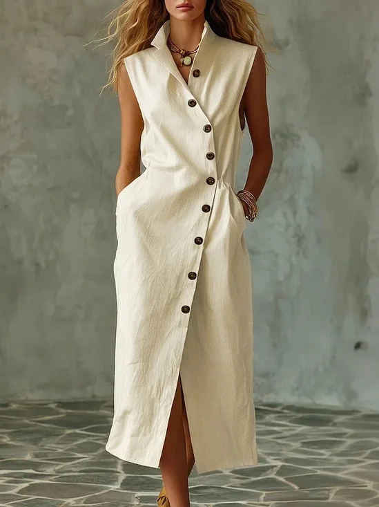 Damen Unifarben Sommer Kleid Stehkragen Ärmellos Figurbetontes Kleid