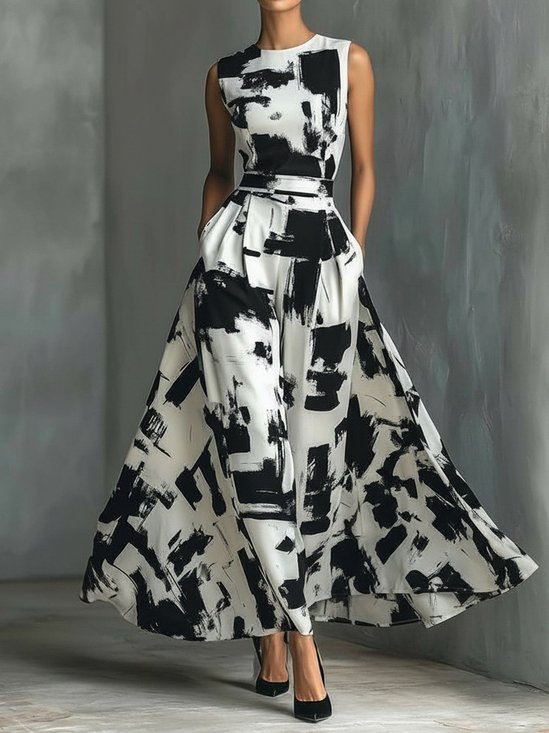 Damen Abstrakt Sommer Kleid Rundhals Ärmellos Passen & Flare Kleid A-Linien-Kleid