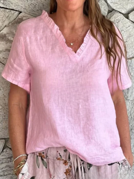 Lässig Unifarben V-Ausschnitt Kurzarm T-Shirt