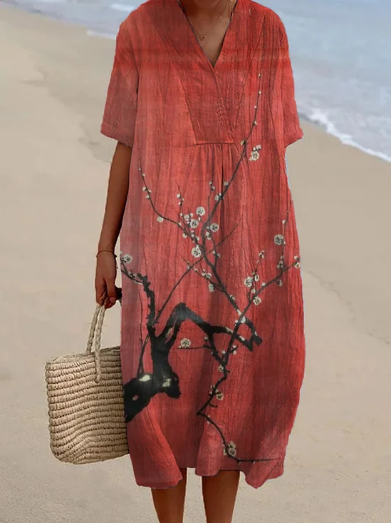 Damen Geblümt Frühling/Herbst Kleid V-Ausschnitt Langarm Blusenkleid A-Linien-Kleid