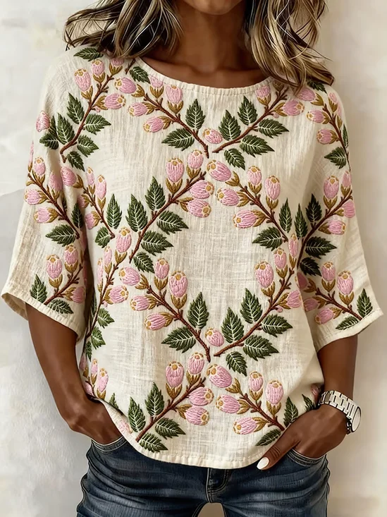 Rundhals Halbarm Geblümt Print Regelmäßig Mikroelastizität Regelmäßige Passform Bluse für Damen