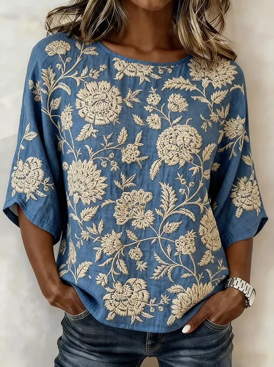 Rundhals Halbarm Geblümt Print Regelmäßig Mikroelastizität Regelmäßige Passform Bluse für Damen