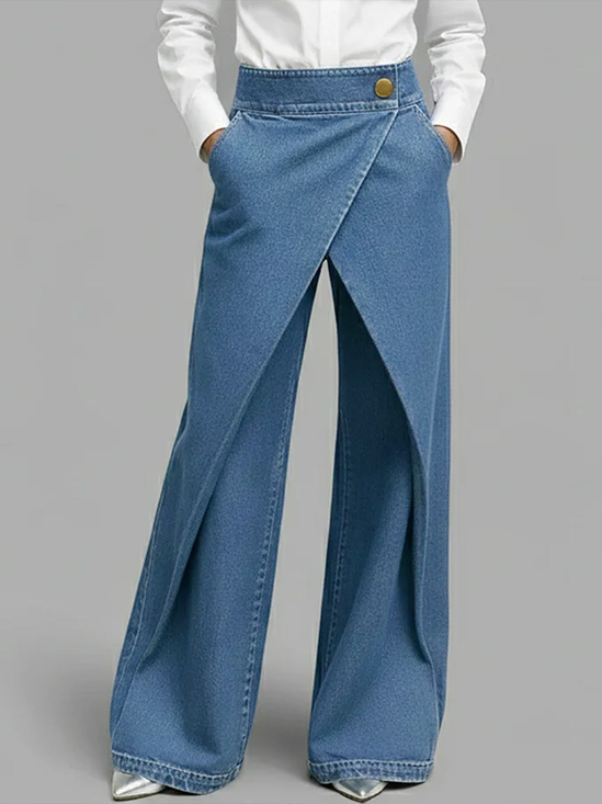 Denim Aussehen Hohe Taille Weitem Bein Ausgehen Hose