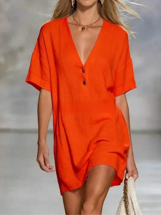 Damen Unifarben Sommer Kleid V-Ausschnitt Kurzarm T-Shirt-Kleid H-Linie Kleid