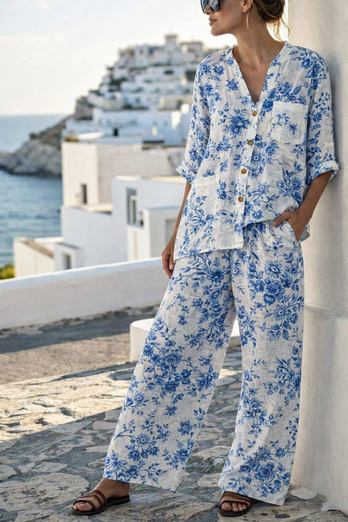 Damen Unifarben Zweiteiliges Set Täglich Halbarm Retro Sommer Bluse mit Hose Matching Set