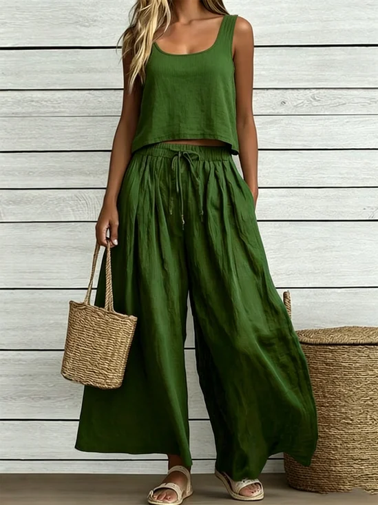 Damen Unifarben Zweiteiliges Set Täglich Ärmellos Retro Sommer Bluse mit Hose Matching Set